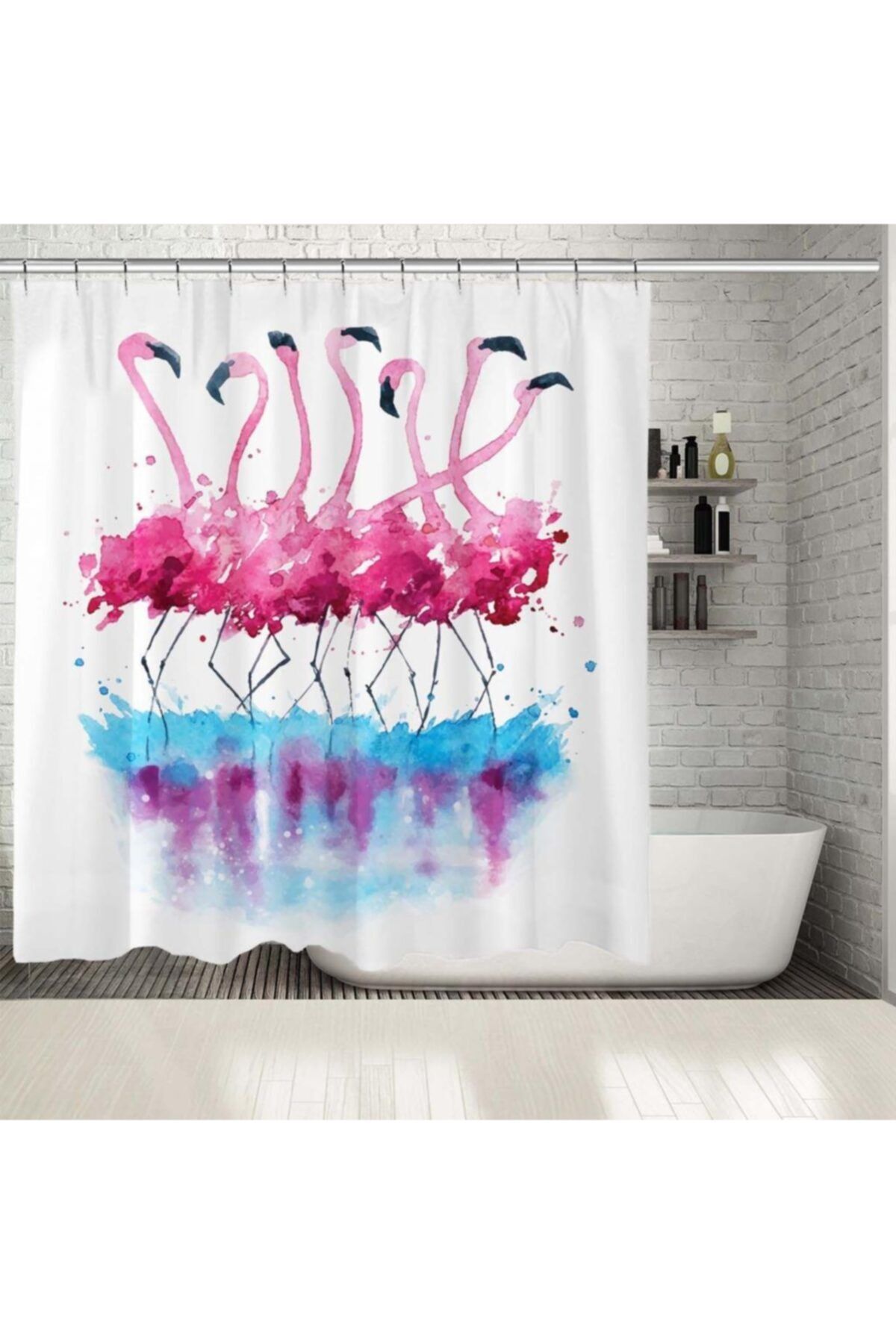 Henge Home Baskılı Duş Perde Sulu Boya Etkili Renkli Pelikan Deseni