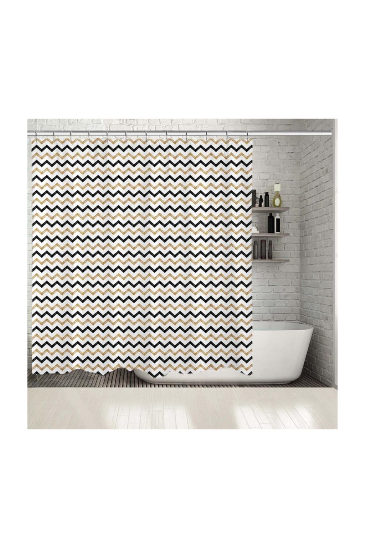 Henge Home Baskılı Duş Perde Zigzag Siyah Altın Çizgili Dekoratif