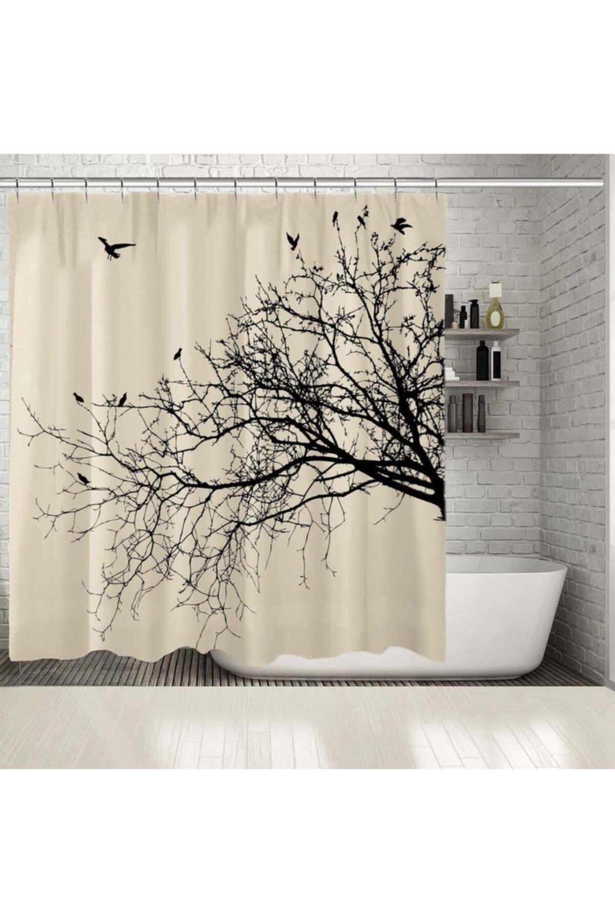 Henge Home Baskılı Duş Perde Kuşlu Kavak Ağaç Desenli Siyah Krem Rengi