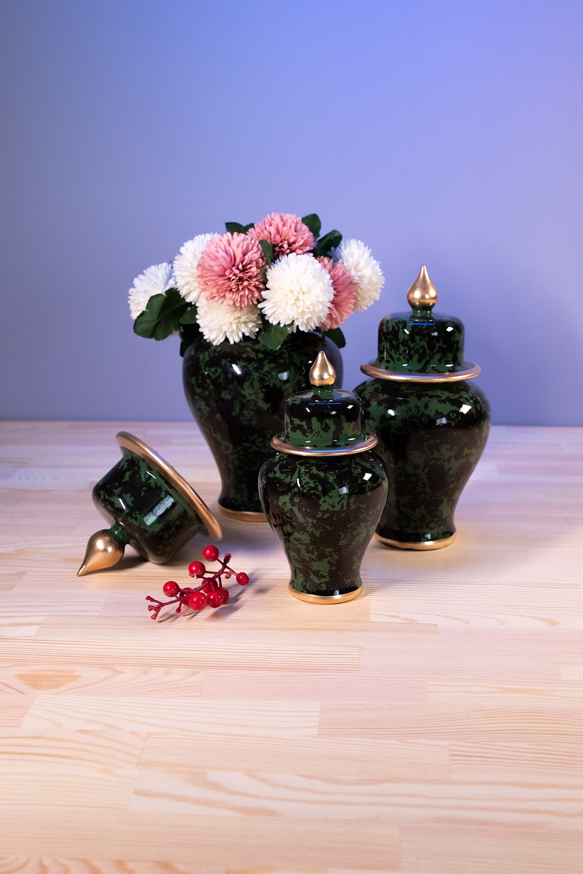 Decorandmore Şah Küp Ebruli Yeşil Vazo Set