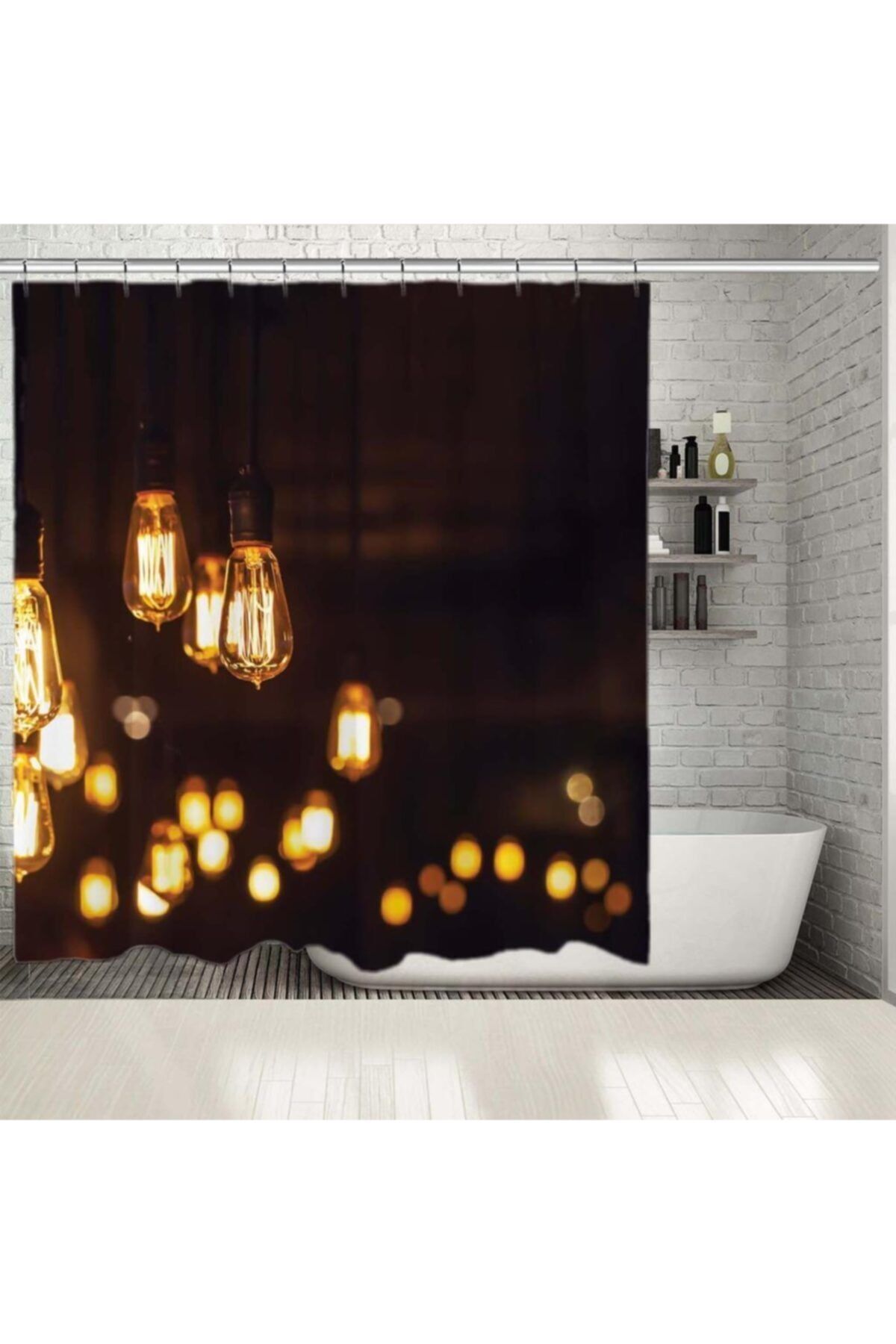 Henge Home Baskılı Duş Perde Vintage Sarı Lamba Desenli Kahverengi