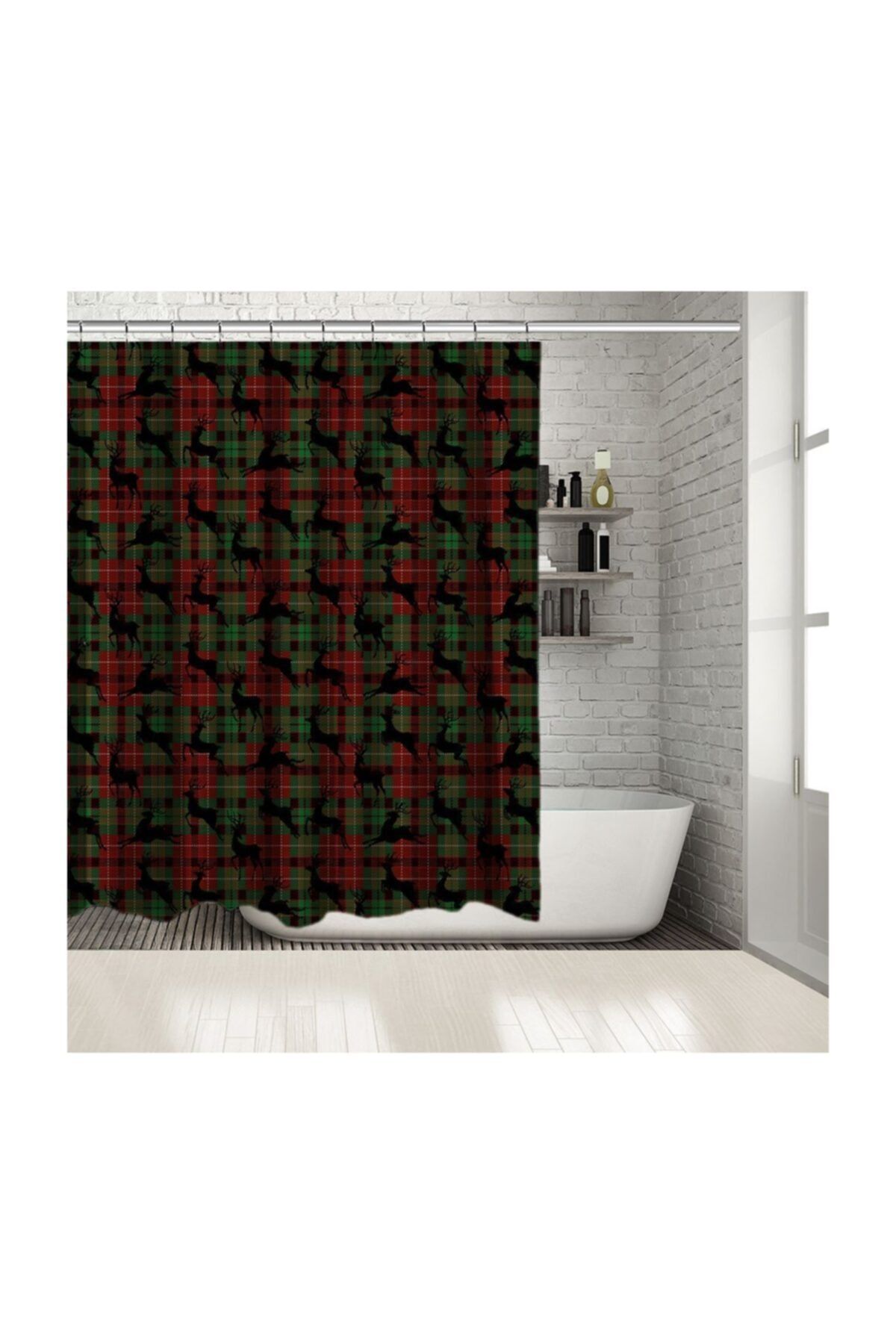 Henge Home Baskılı Duş Perde Noel Yılbaşı Kırmızı Yeşil Ekose Desenli Geyikli
