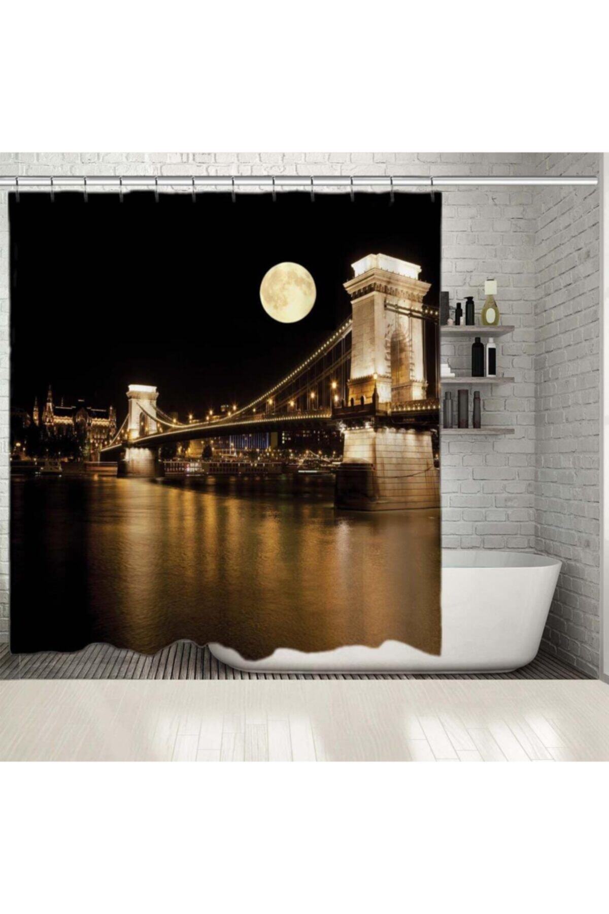 Henge Home Baskılı Duş Perde Siyah Gece Köprü Manzaralı Dolunay Desenli