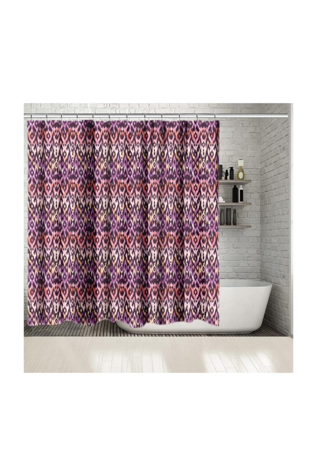Henge Home Baskılı Duş Perde Mor Sarı Turuncu Renkli İkat Desenli Batik