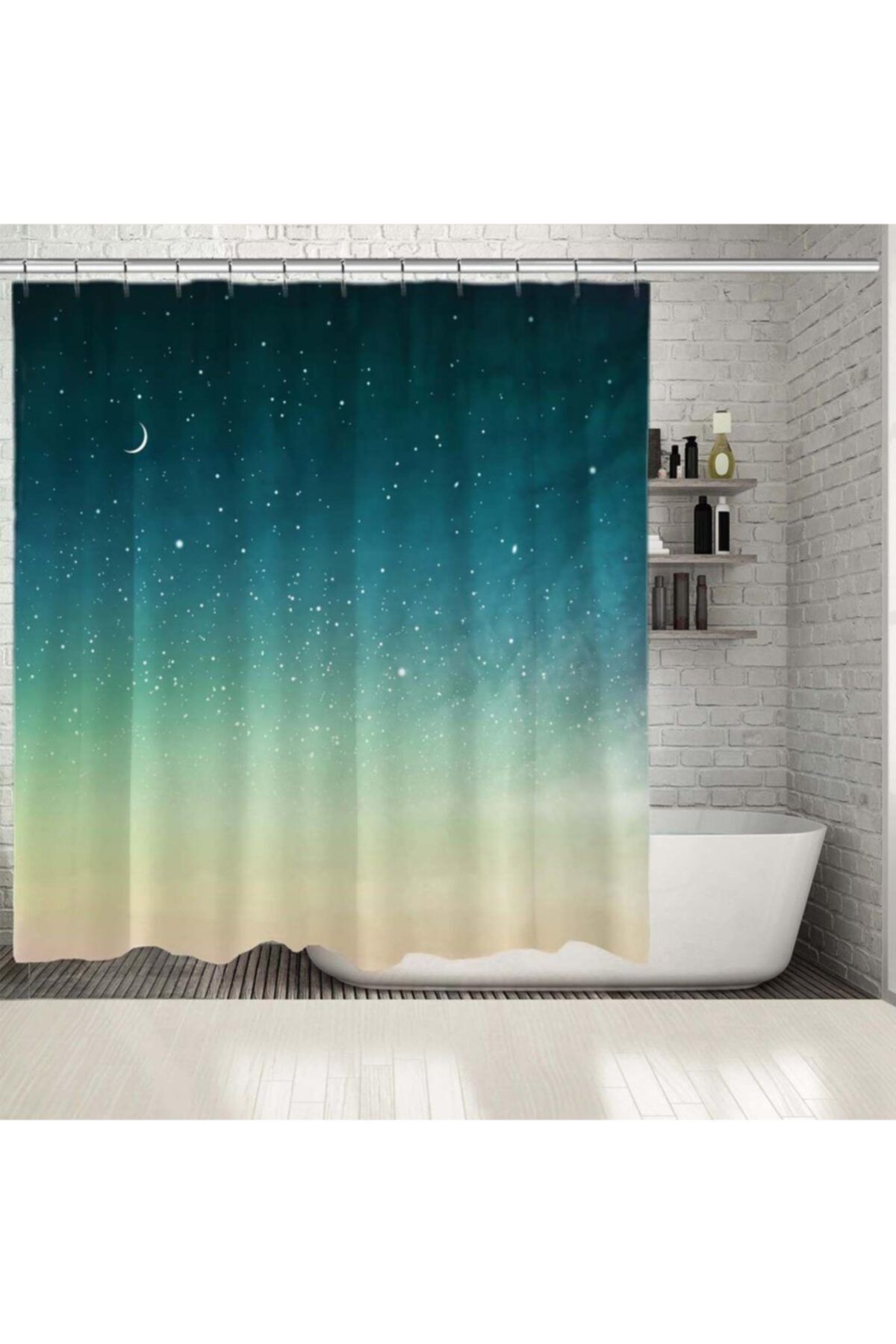 Henge Home Baskılı Duş Perde Gece Manzarası Yıldız Bulut Ay Deseni