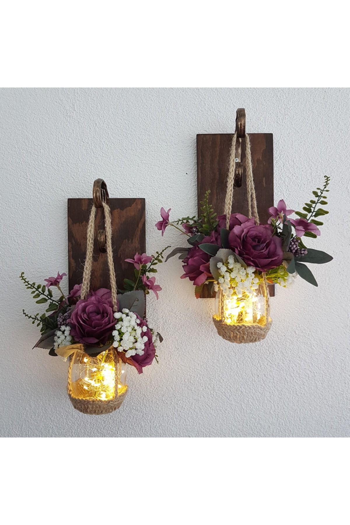 STDEKOR Bordo Gül Çiçekli Led Işıklı Ceviz Aplik 2 Li Set