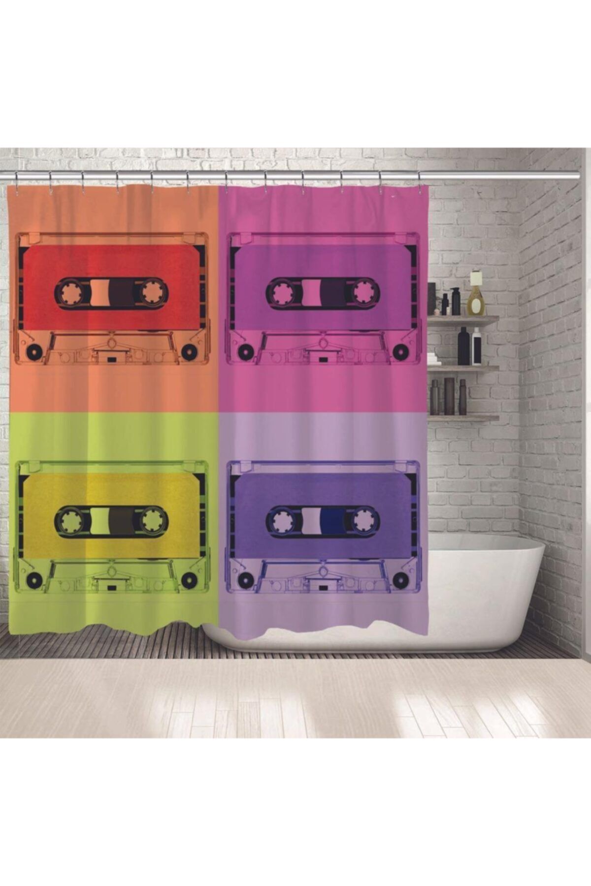 Henge Home Baskılı Duş Perde Pop-Art Sanatı Etkili Renkli Kaset Desenli