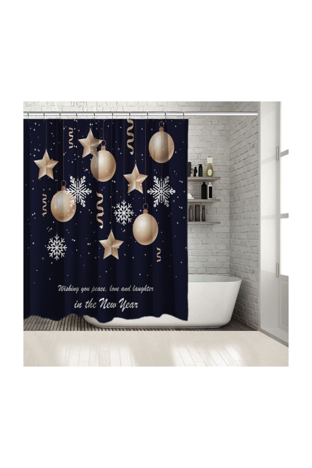 Henge Home Baskılı Duş Perde Altın Yılbaşı Noel Süsleri ile İyi Dilekler Laci Zeminli
