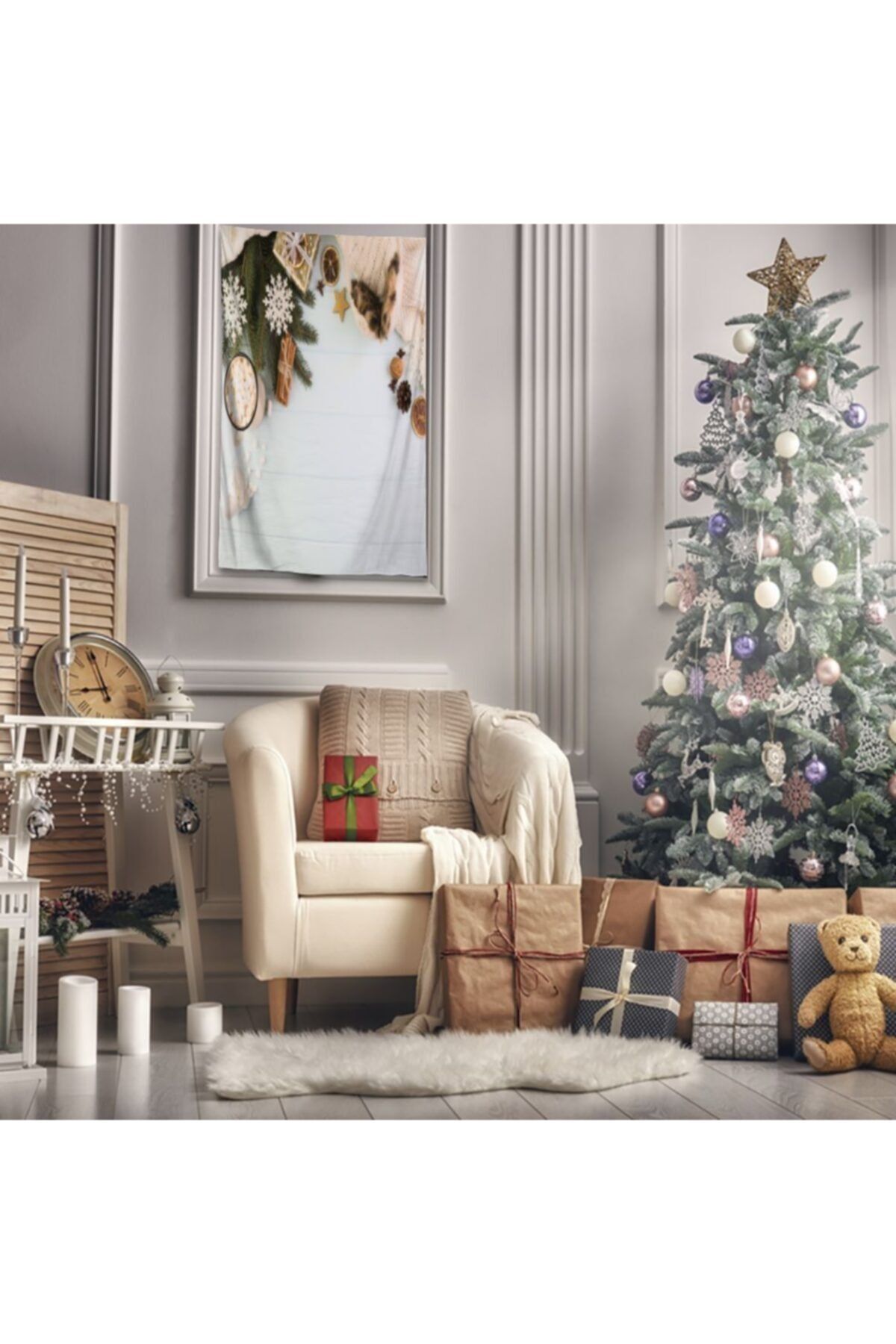 Henge Home Baskılı Duvar Örtüsü Mavi Ahşap Noel Yılbaşı Örgü Süsler Tarçınlı Hediye