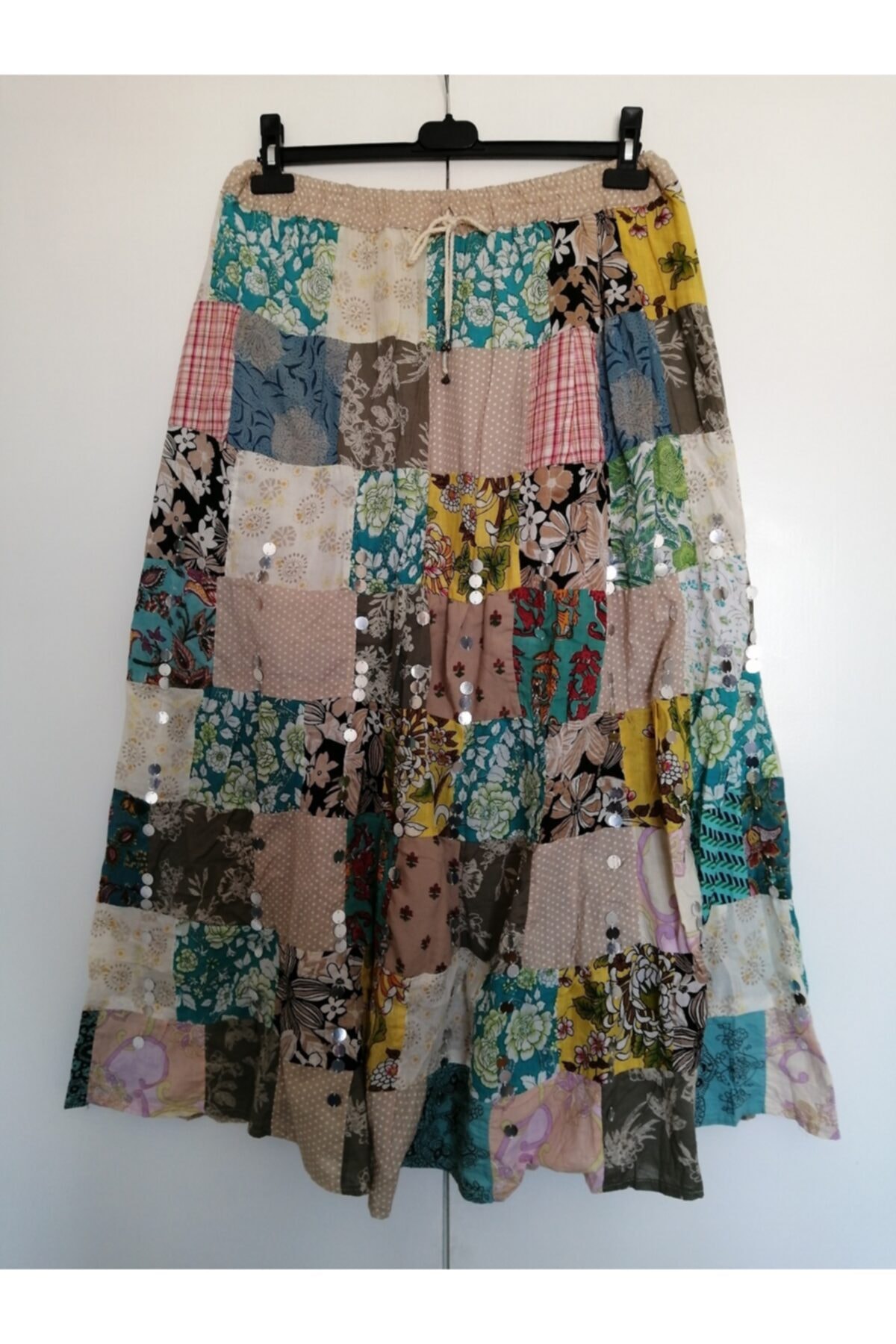 Butik Tülin Otantik Pamuk Çok Renkli El Işi Gümüş Payet Süslü Peçvörk Etek