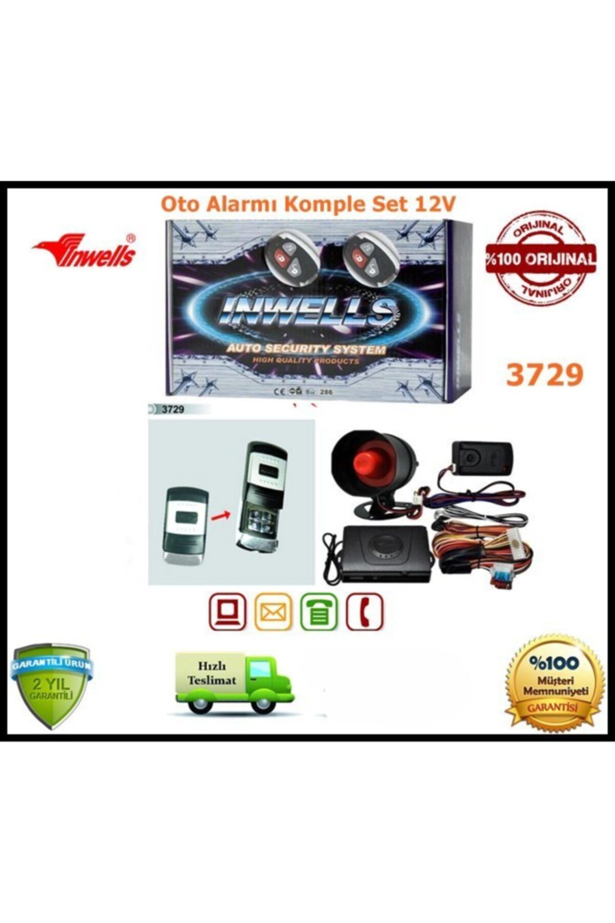 Inwells Oto Alarmı Sistemi Uzaktan Kumandalı Inwells 12v 3729