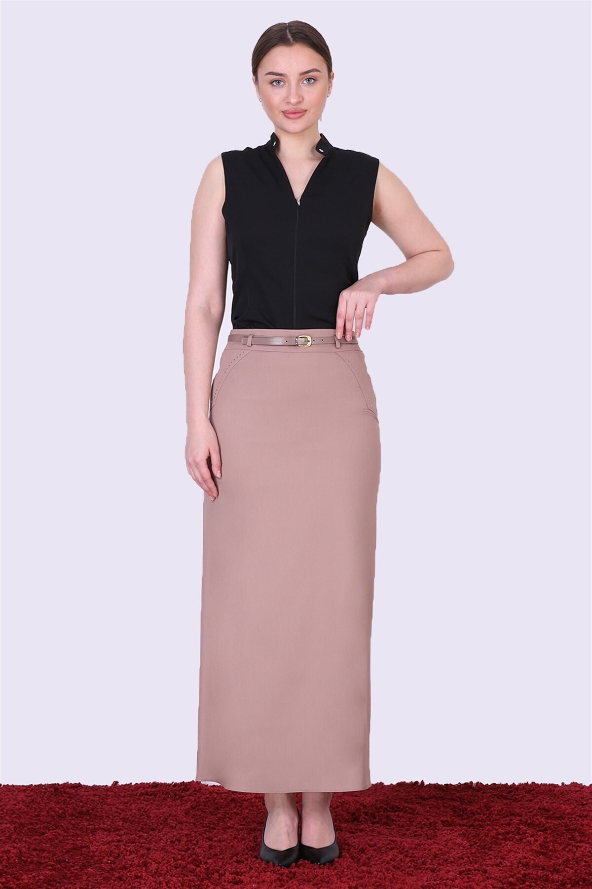 apsen Kadın Vizon Kemerli Taş Detaylı Poliviskon Tesettür Etek