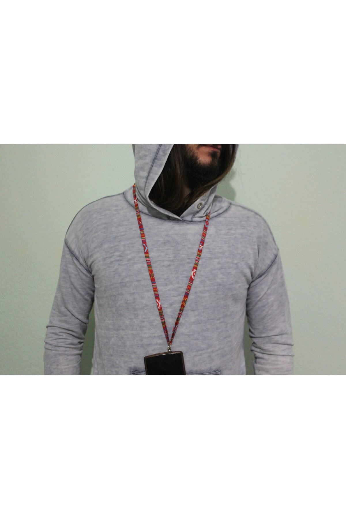 Üzüm Hoşafı Yassı Kırmızı Kilim Desenli Halat Telefon Askısı / Telefon Kılıfı Ipi