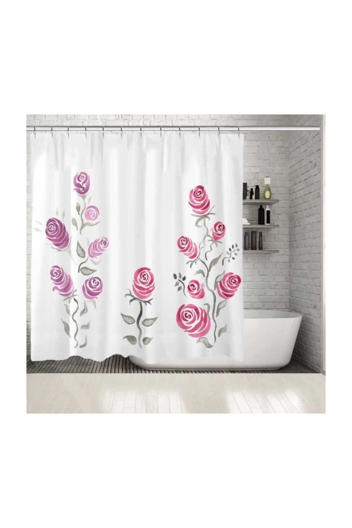 Henge Home Baskılı Duş Perde Mor Pembe ve Gri Gül Çiçek Desenli