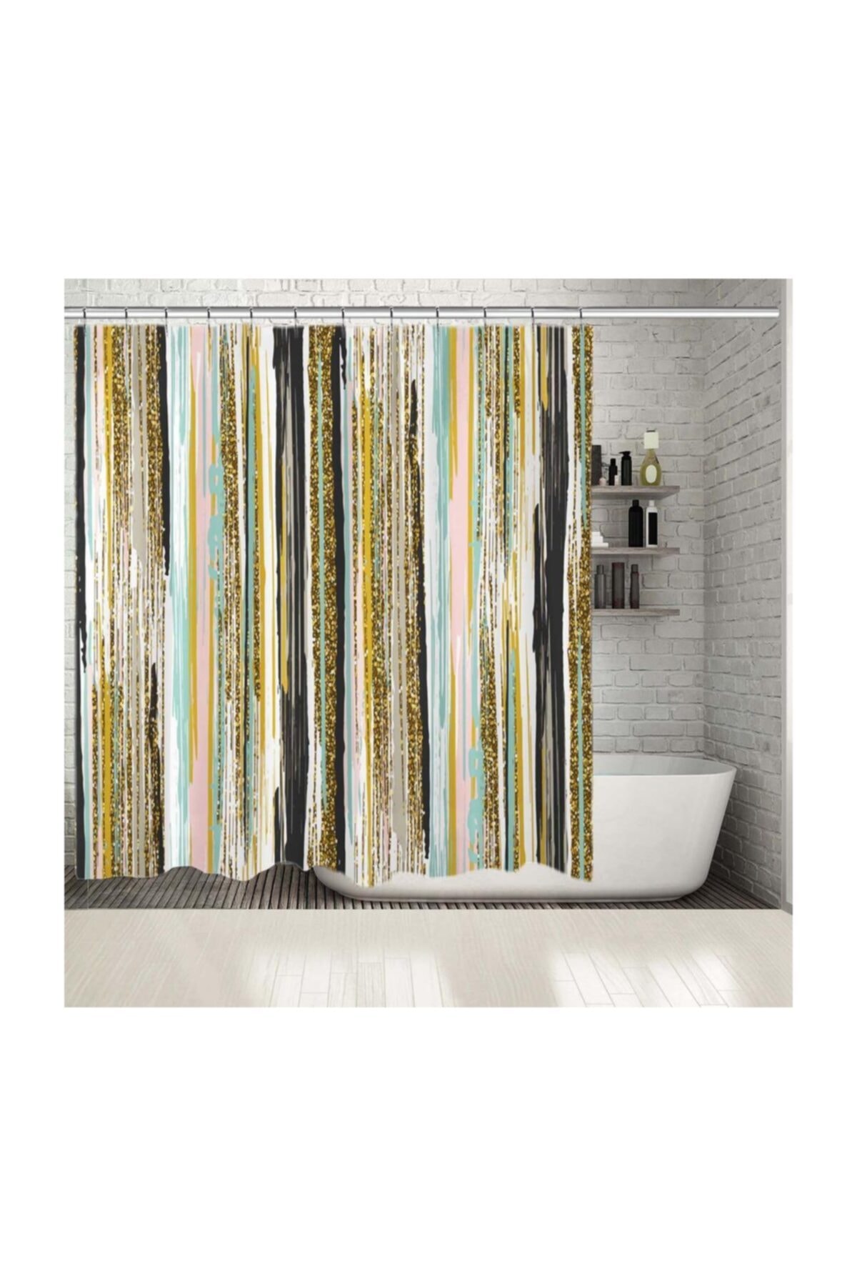 Henge Home Baskılı Duş Perde Parlak Pembe Mavi Gold Çizgi Desenli