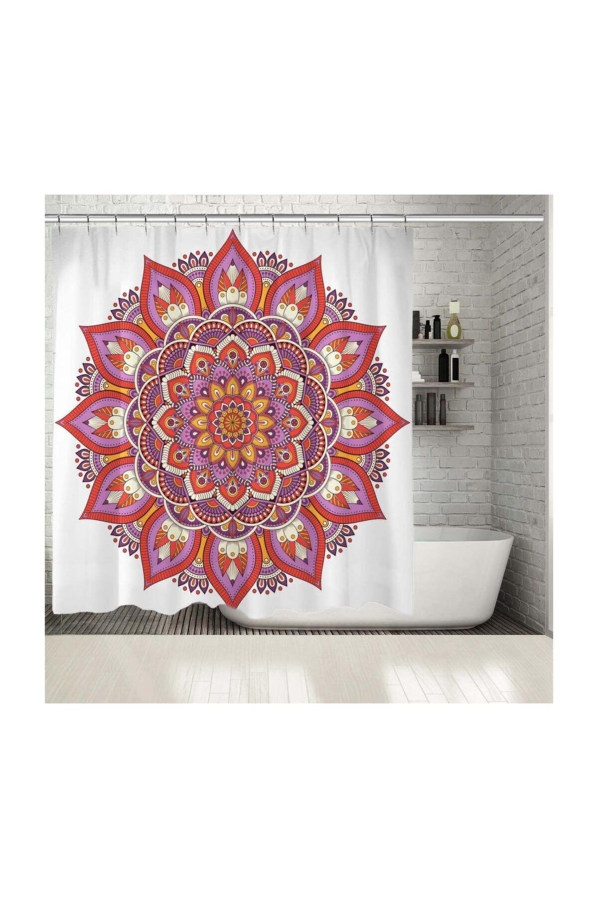 Henge Home Baskılı Duş Perde Mandala Etnik Desen Mor Sarı Turuncu