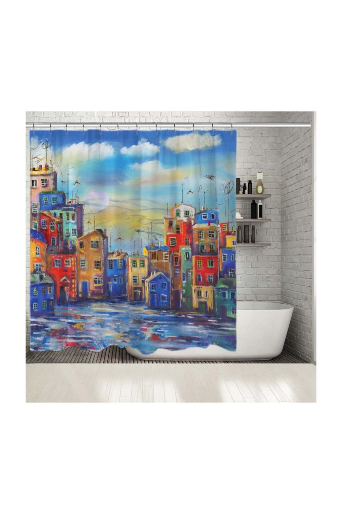 Henge Home Baskılı Duş Perde Yağlı Boya Etkili Ufak Ev Desenli