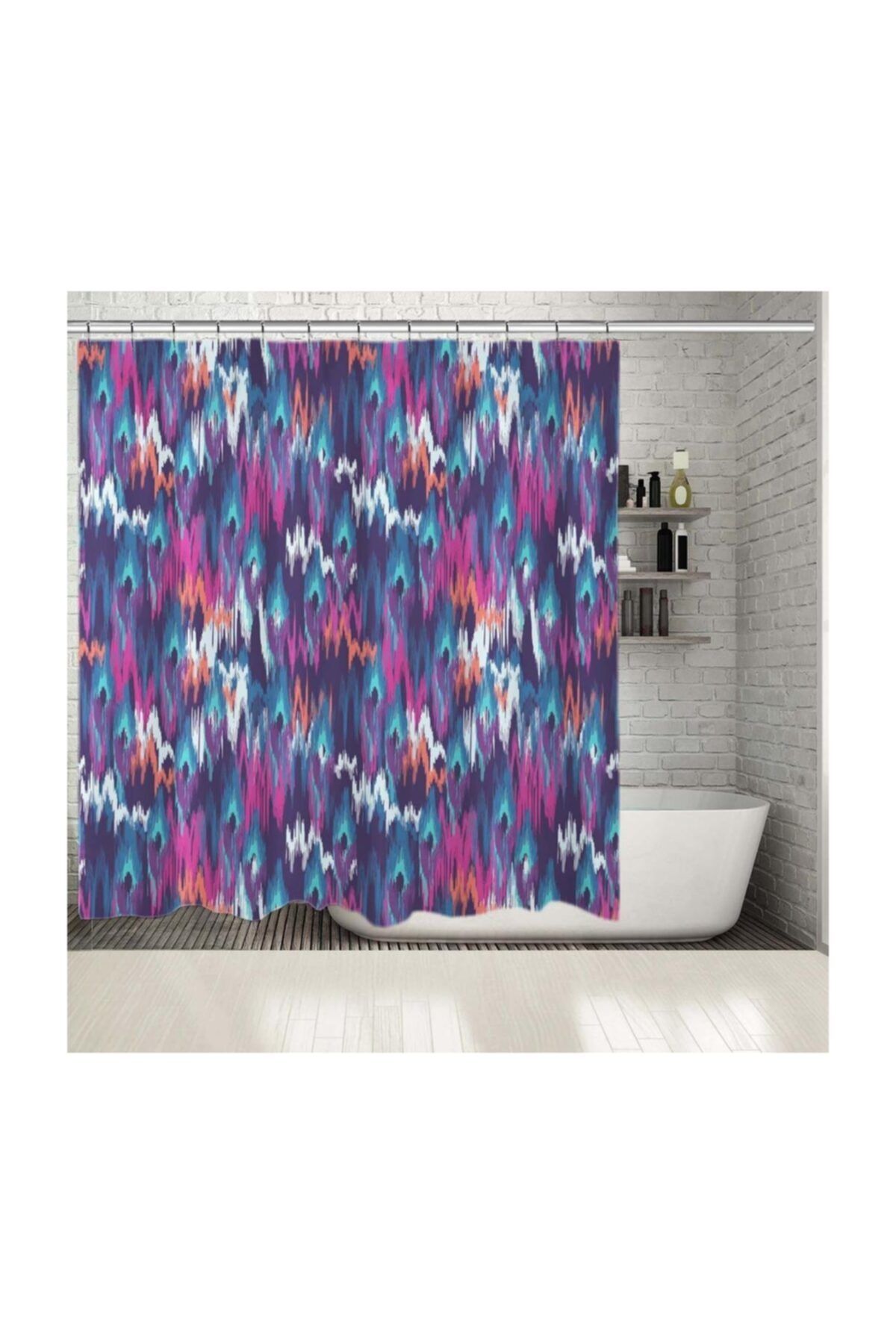 Henge Home Baskılı Duş Perde Mor Pembe Mavi Renkli İkat Desenli Batik