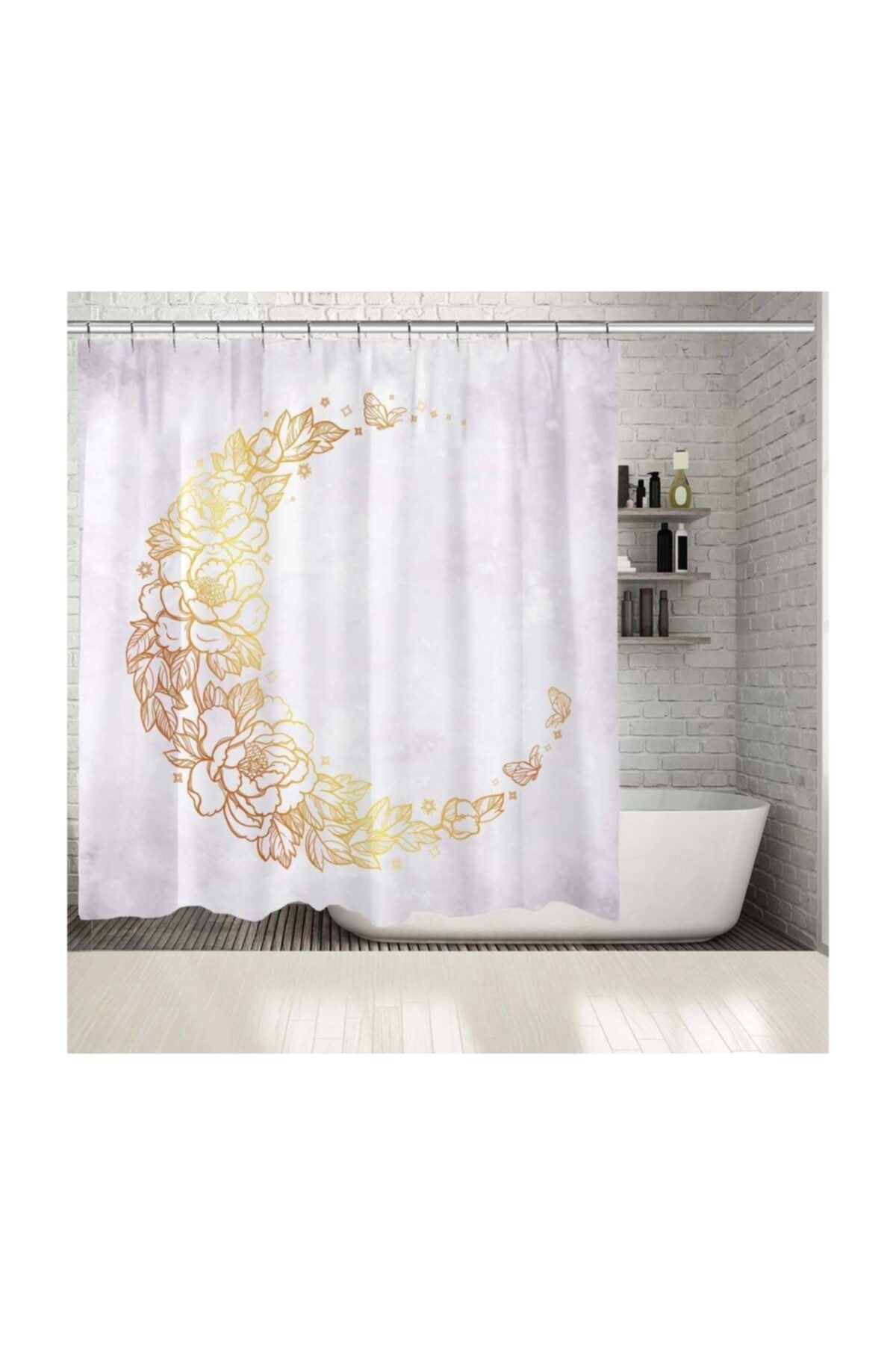 Henge Home Baskılı Duş Perde Romantik Gül Desenli Hilal Sarı Gold