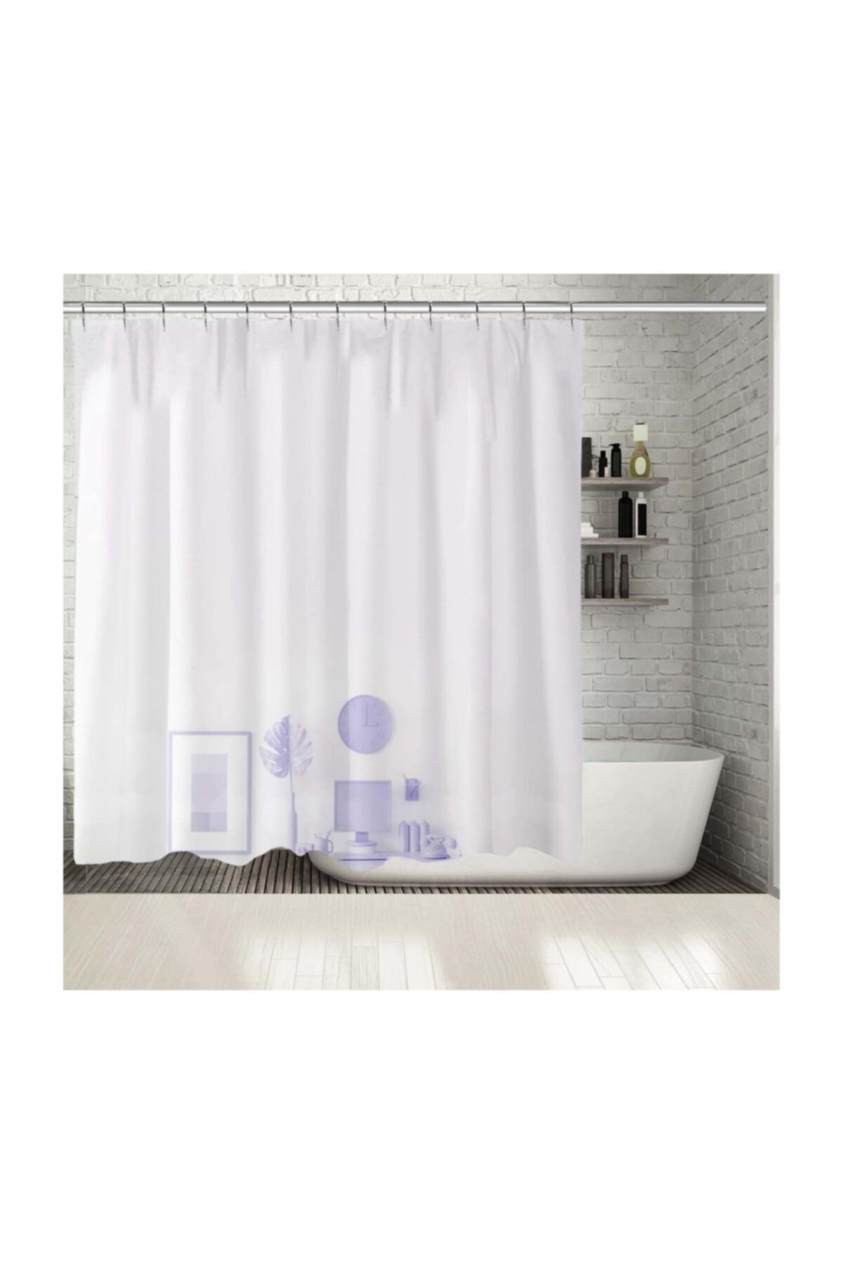 Henge Home Baskılı Duş Perde Lila Renkli Saat Yaprak ve Çalışma Masa Desenli