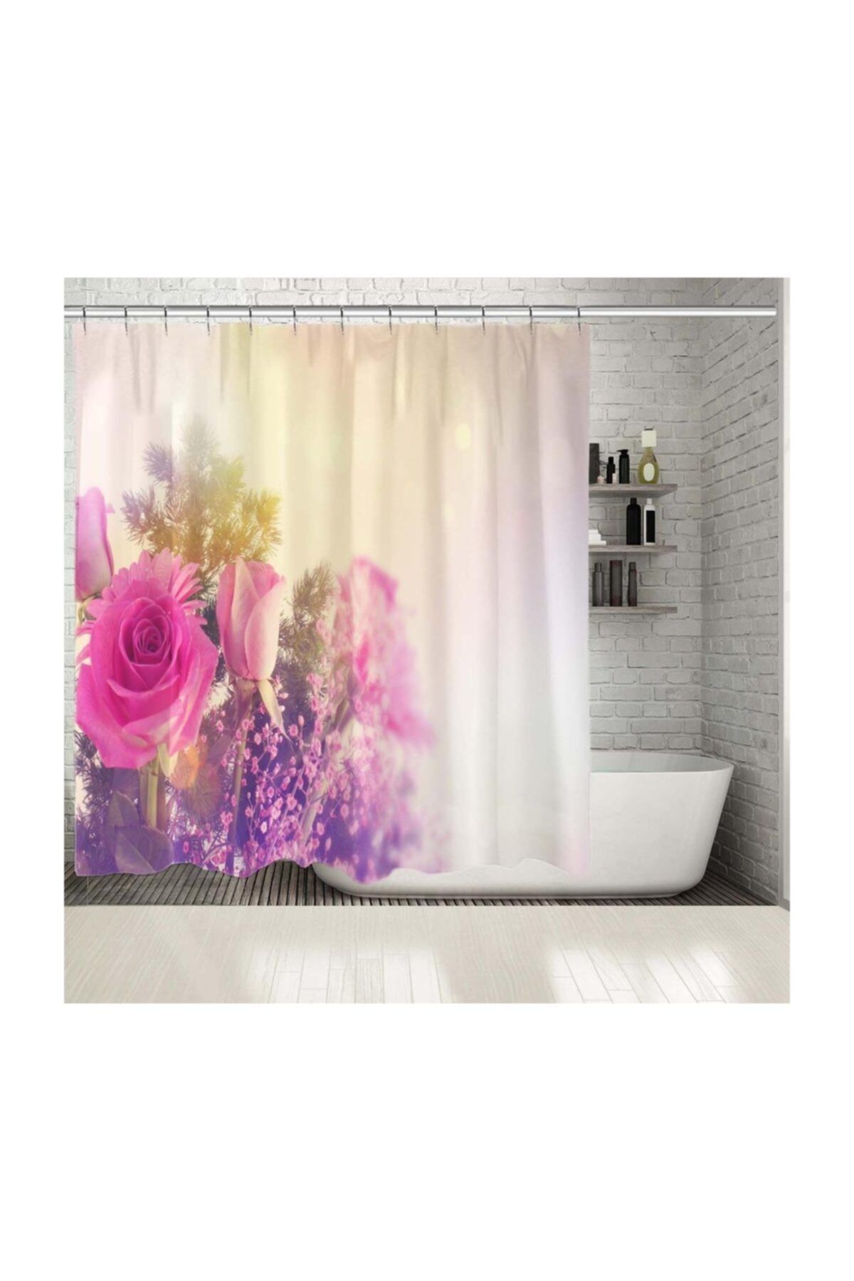 Henge Home Baskılı Duş Perde İlk Bahar Filiz Gündoğumu Pembe Gül Desenli
