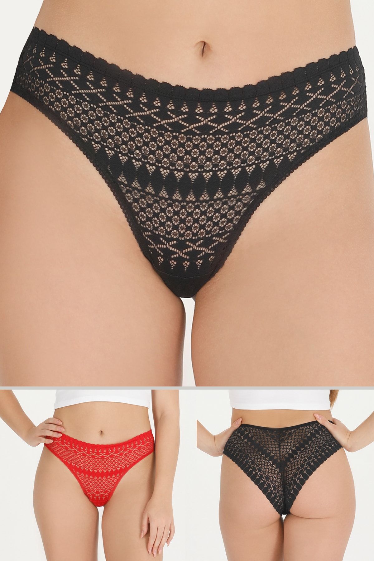 Alaturka Sensu Kadın Full Dantelli Slip Külot 3 lü  Paket Set