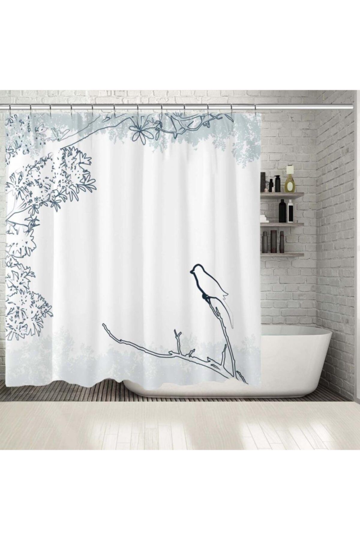 Henge Home Baskılı Duş Perde Ağaçlar Dallar Ve Kuş Desenli