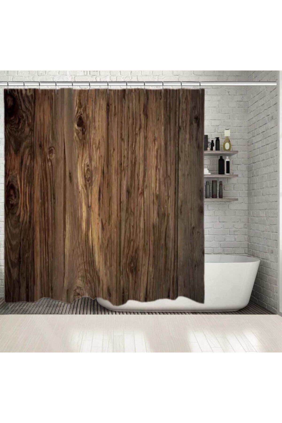 Henge Home Baskılı Duş Perde Ahşap Kahverengi Desenli