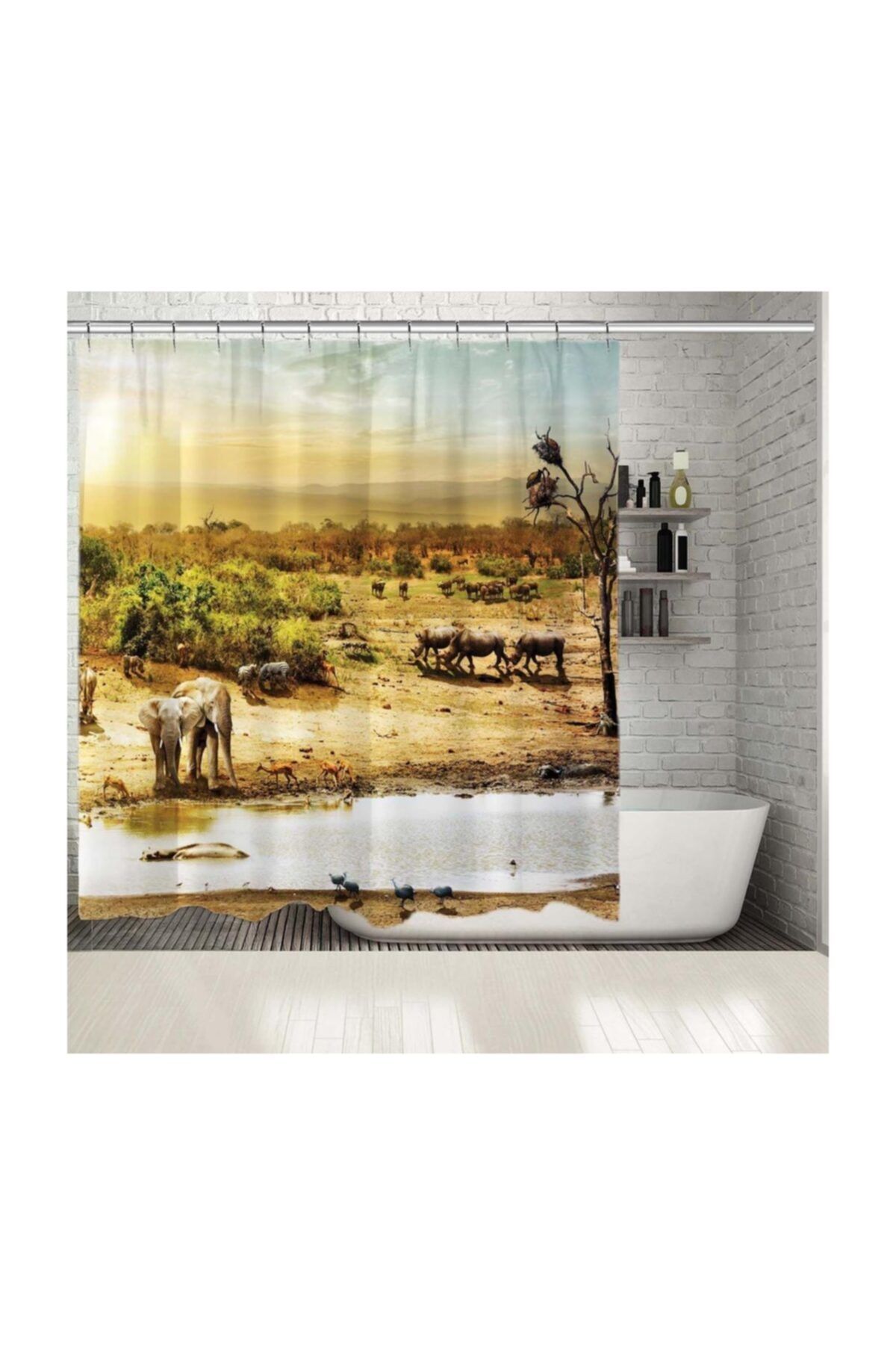 Henge Home Baskılı Duş Perde Doğa Vahşi Hayvan Deseni