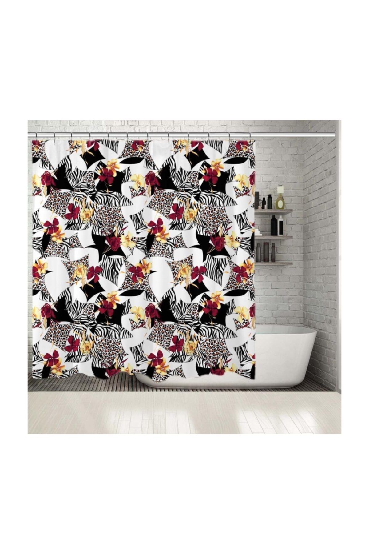 Henge Home Baskılı Duş Perde Zebra Ve Leopar Baskı Kırmızı Ve Sarı Çiçek Desenli