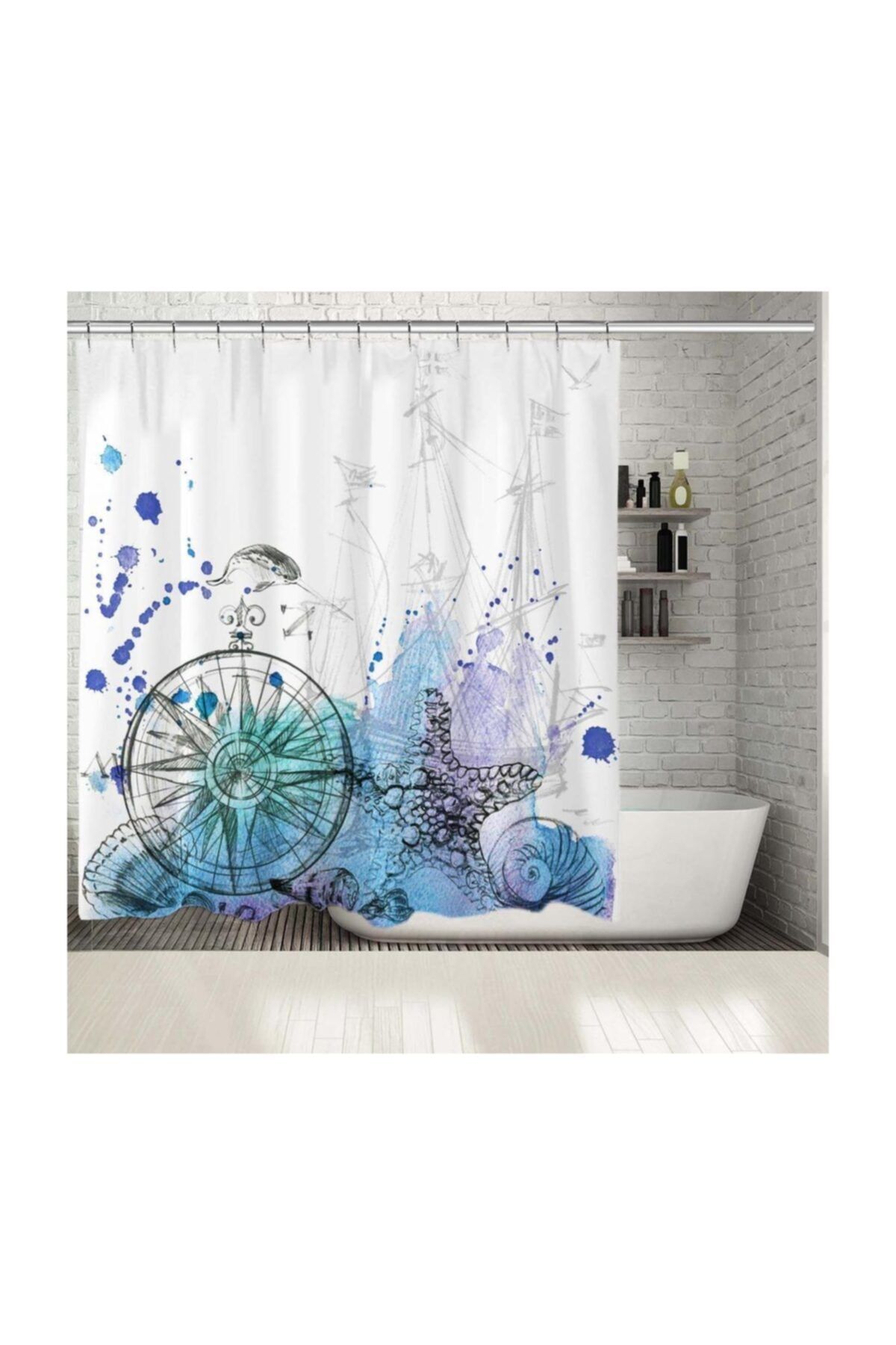 Henge Home Baskılı Duş Perde Sulu Boya Renkli Deniz Yıldız Deseni Sarı