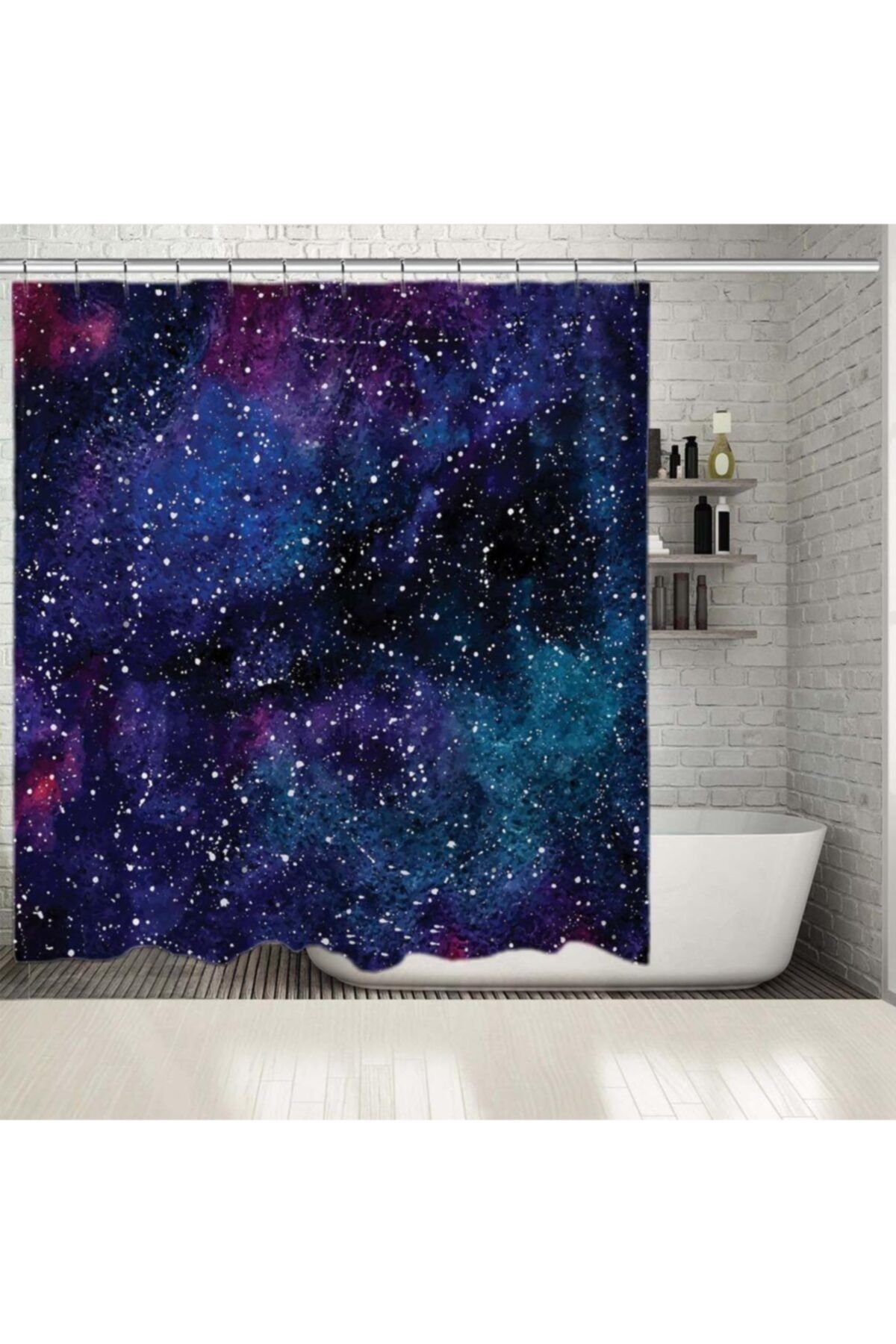 Henge Home Baskılı Duş Perde Galaksi Yıldızlı Gökyüzü Desen Lacivert Mor