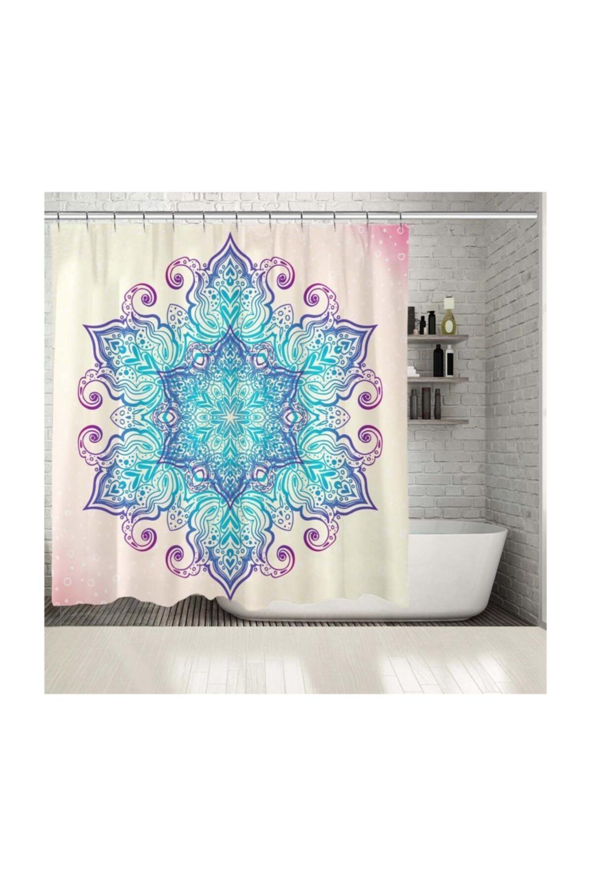 Henge Home Baskılı Duş Perde Mandala Etkili Desen Mor Pembe Mavi