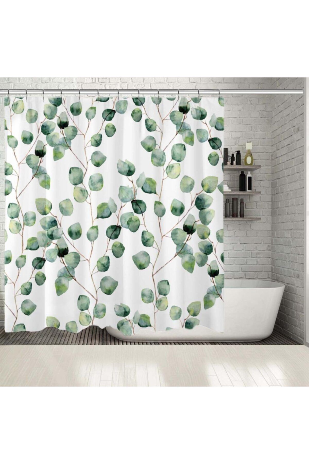 Henge Home Baskılı Duş Perde Yeşil Dal Yaprak Desenli