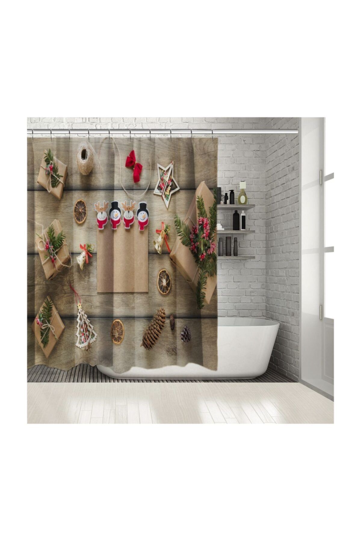 Henge Home Baskılı Duş Perde Ahşap Masa Noel Yılbaşı Hediye Paketleri Hazırlama