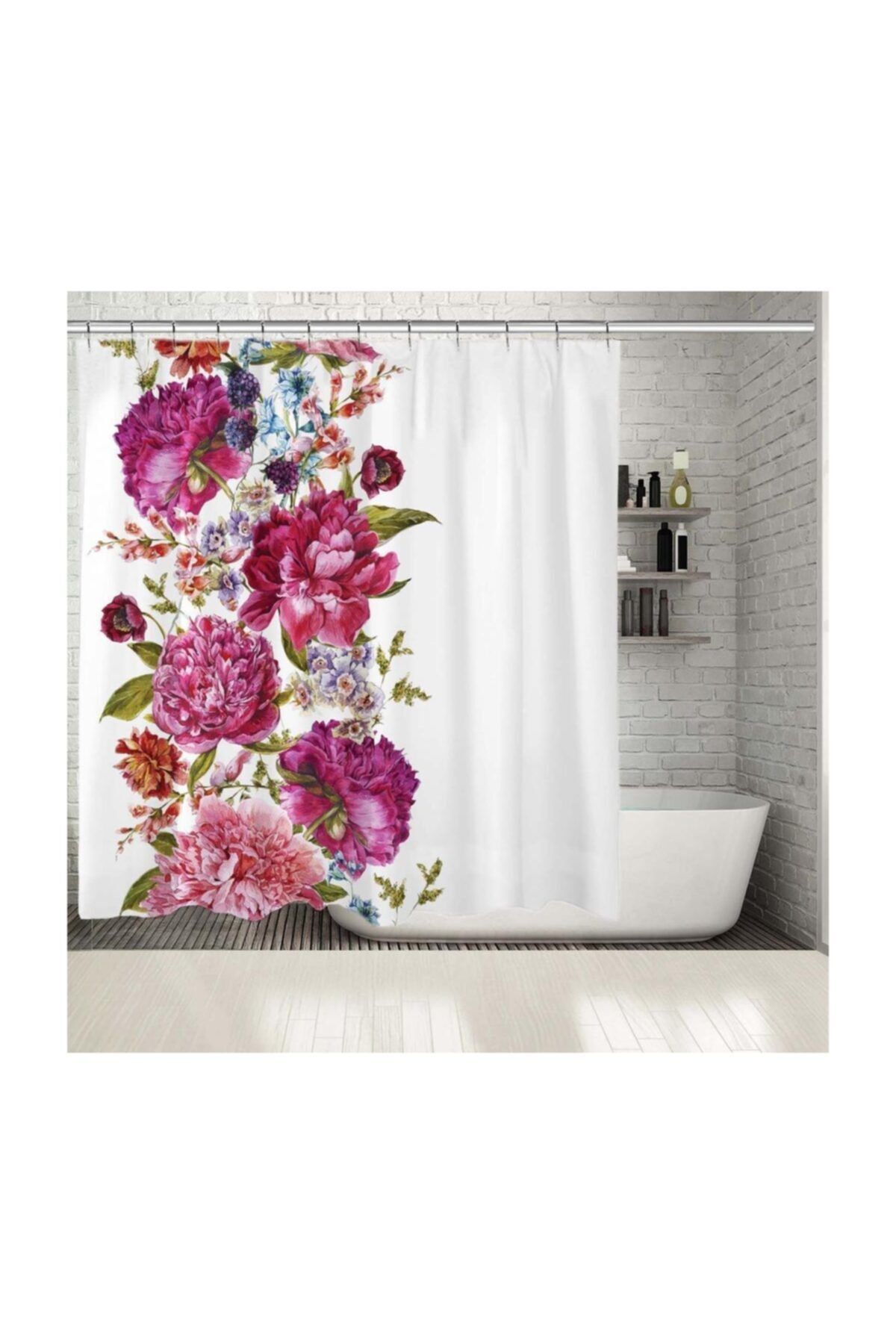 Henge Home Baskılı Duş Perde Sulu Boya Etkili Soft Renkli Çiçekli