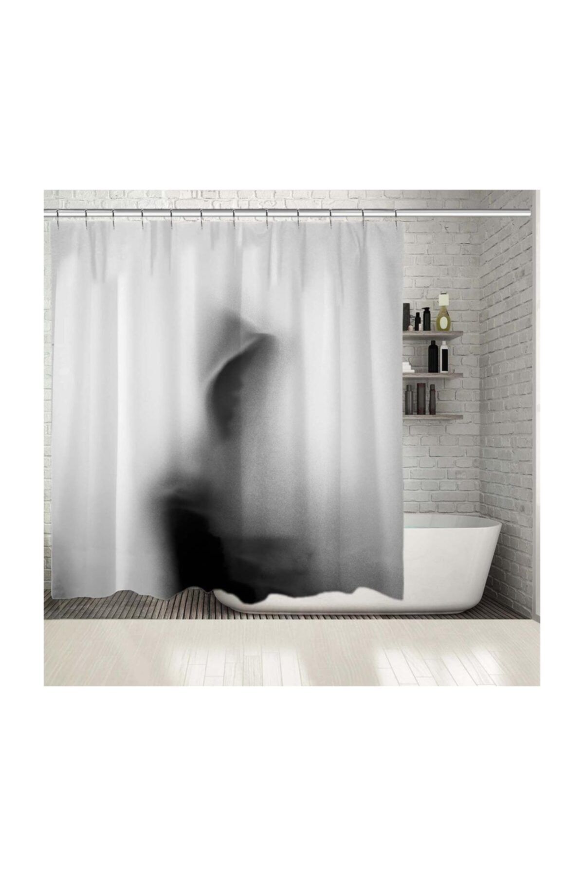 Henge Home Baskılı Duş Perde Korkunç Adam Gölge Desenli Gri Siyah