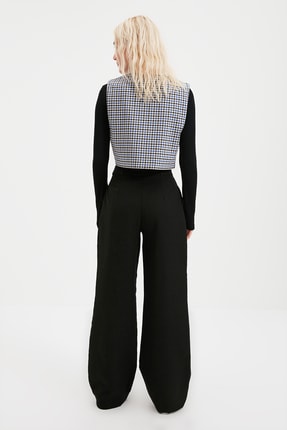 Siyah Yüksek Bel Wide Leg/Geniş Paça Pileli Dokuma Kumaş Pantolon TWOAW21PL0076 Image 4