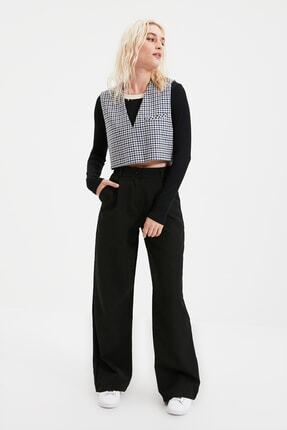 Siyah Yüksek Bel Wide Leg/Geniş Paça Pileli Dokuma Kumaş Pantolon TWOAW21PL0076 Image 1