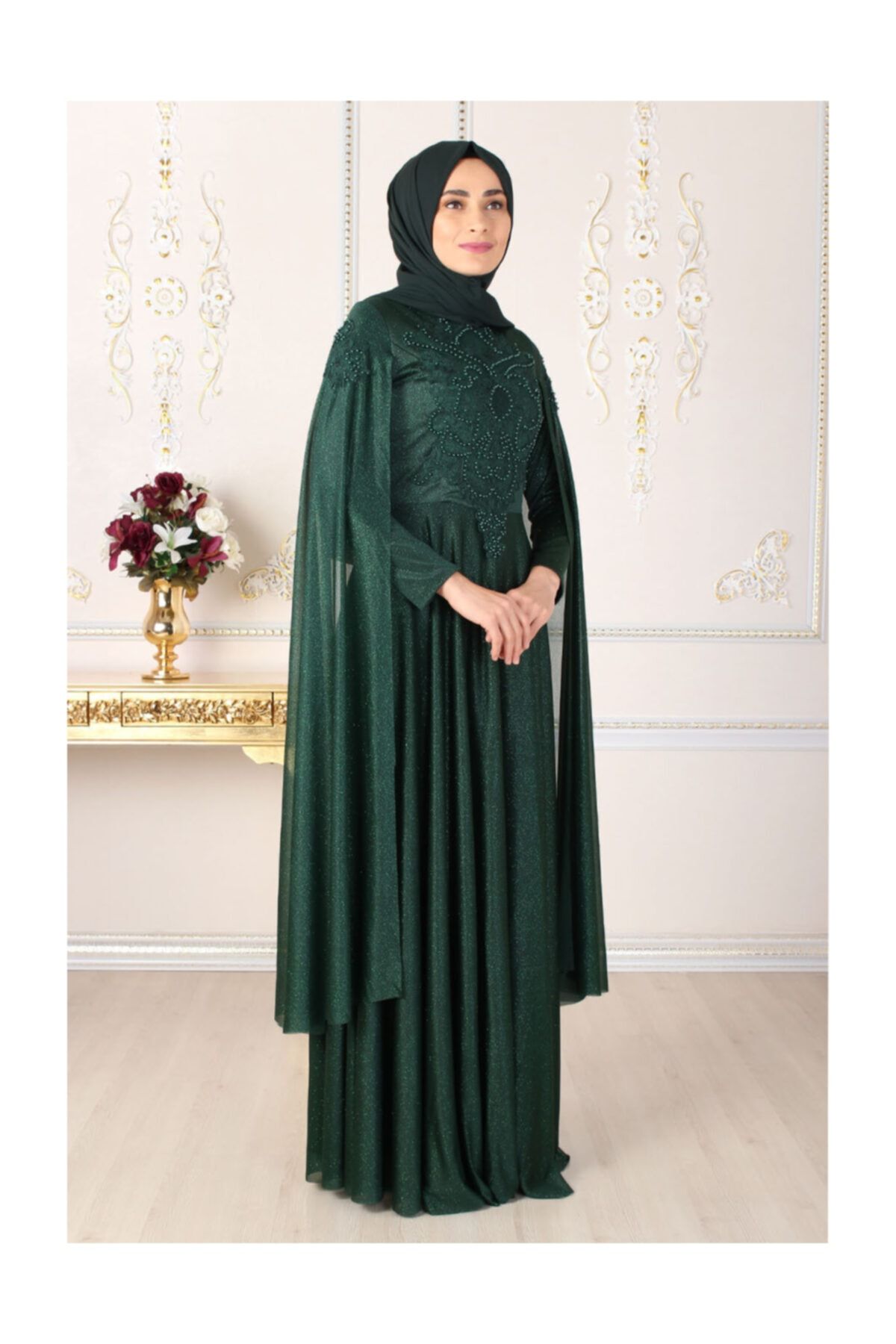 Feiza Collection Güpürlü Ve Pelerinli Tesettür Abiye Elbise - Yeşil