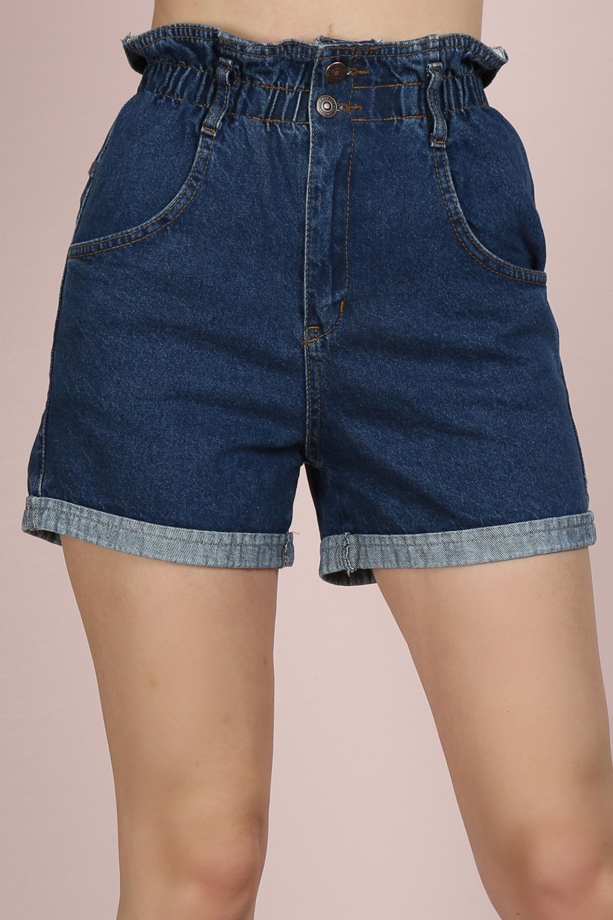 ChiChero Kadın Koyu Mavi Beli Lastikli Fırfırlı Yüksek Bel Denim Kot Şort