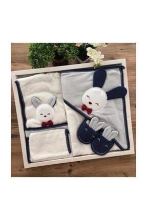 Erkek Bebek Lacivert Tavşanlı Havlu Bornoz Takımı Defne Sabunlu Set 0-2 Yaş