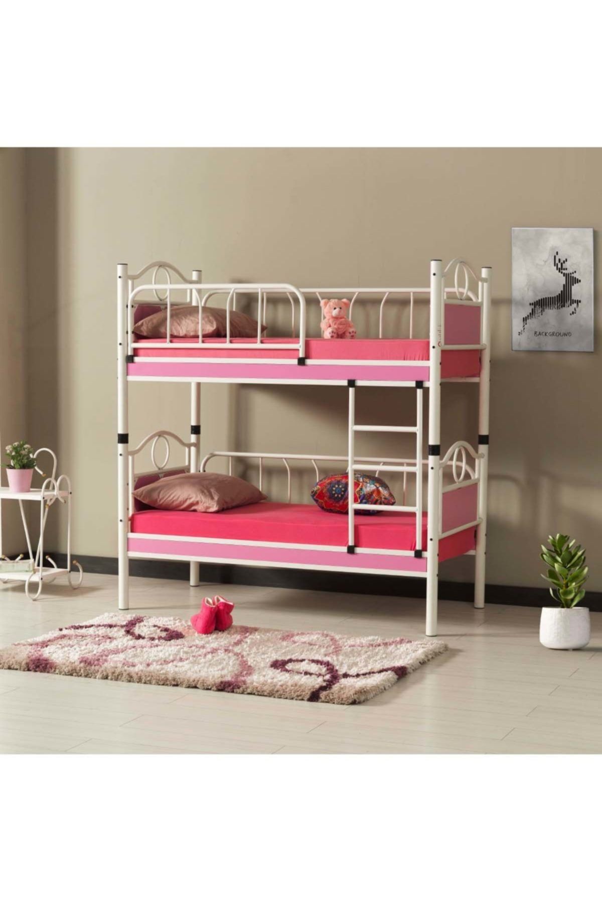 ARGİMO Zümrüt Bebek Çocuk Odası Ahşap Başlıklı Metal Ranza Ve Karyola 80x160 Yatak Ölçülü
