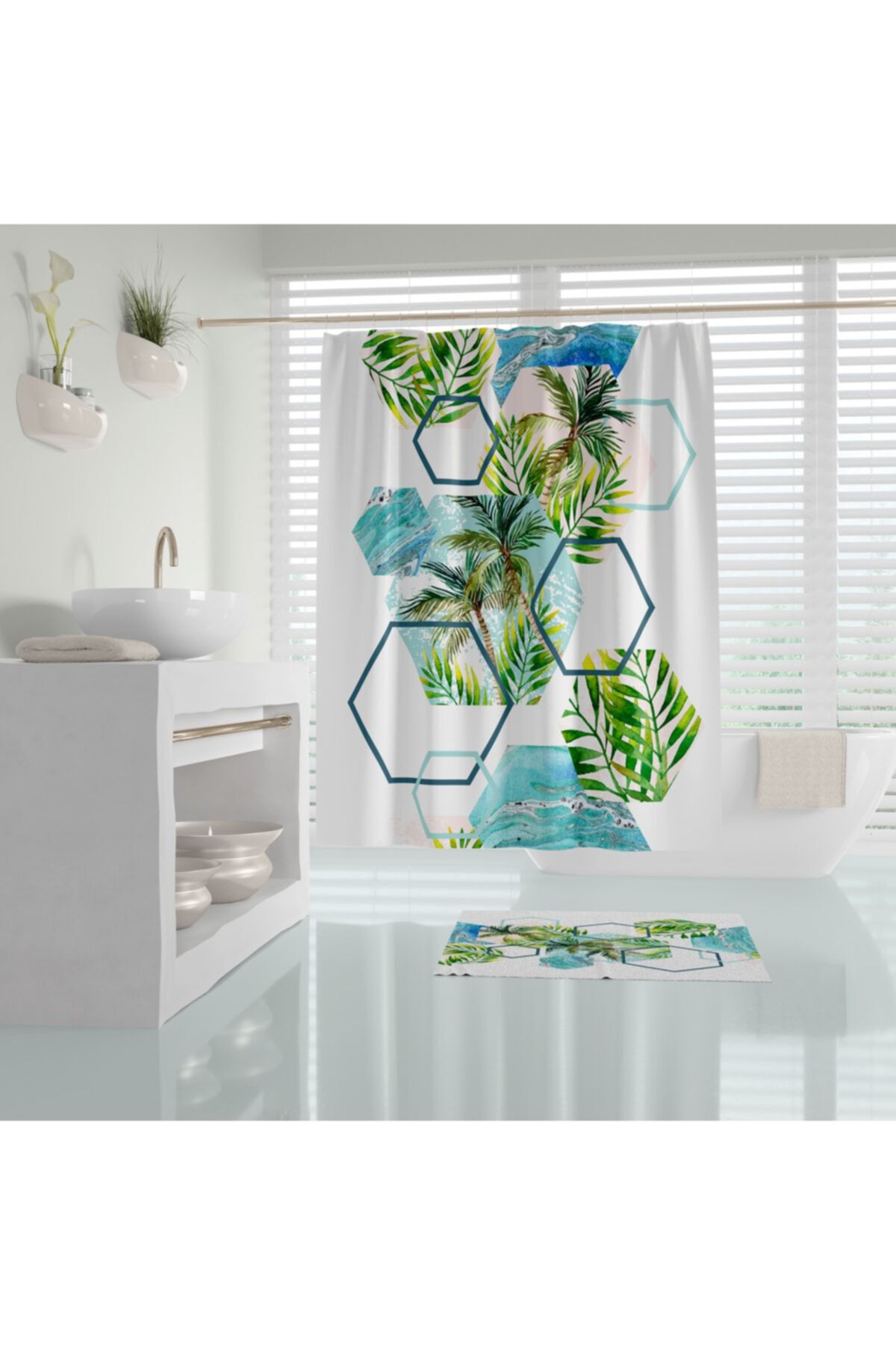 Tropikhome Banyo Perdesi Palmiye Desen Dijital Baskılı Duş Perde Polyester Kumaş Banyo Perdesi 180x200 Plastik