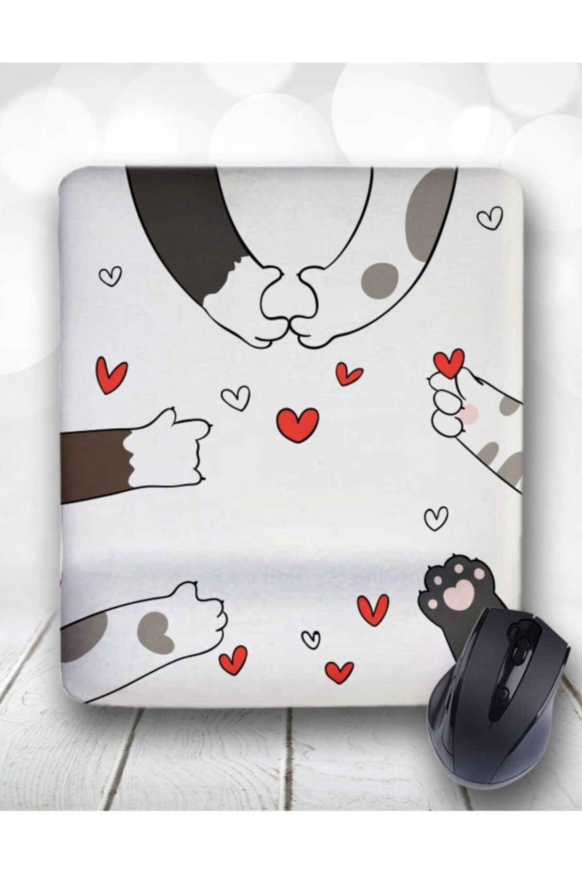 Atölye Çizgi Kalp Yapan Kedi Patileri Bilek Destekli Mouse Pad