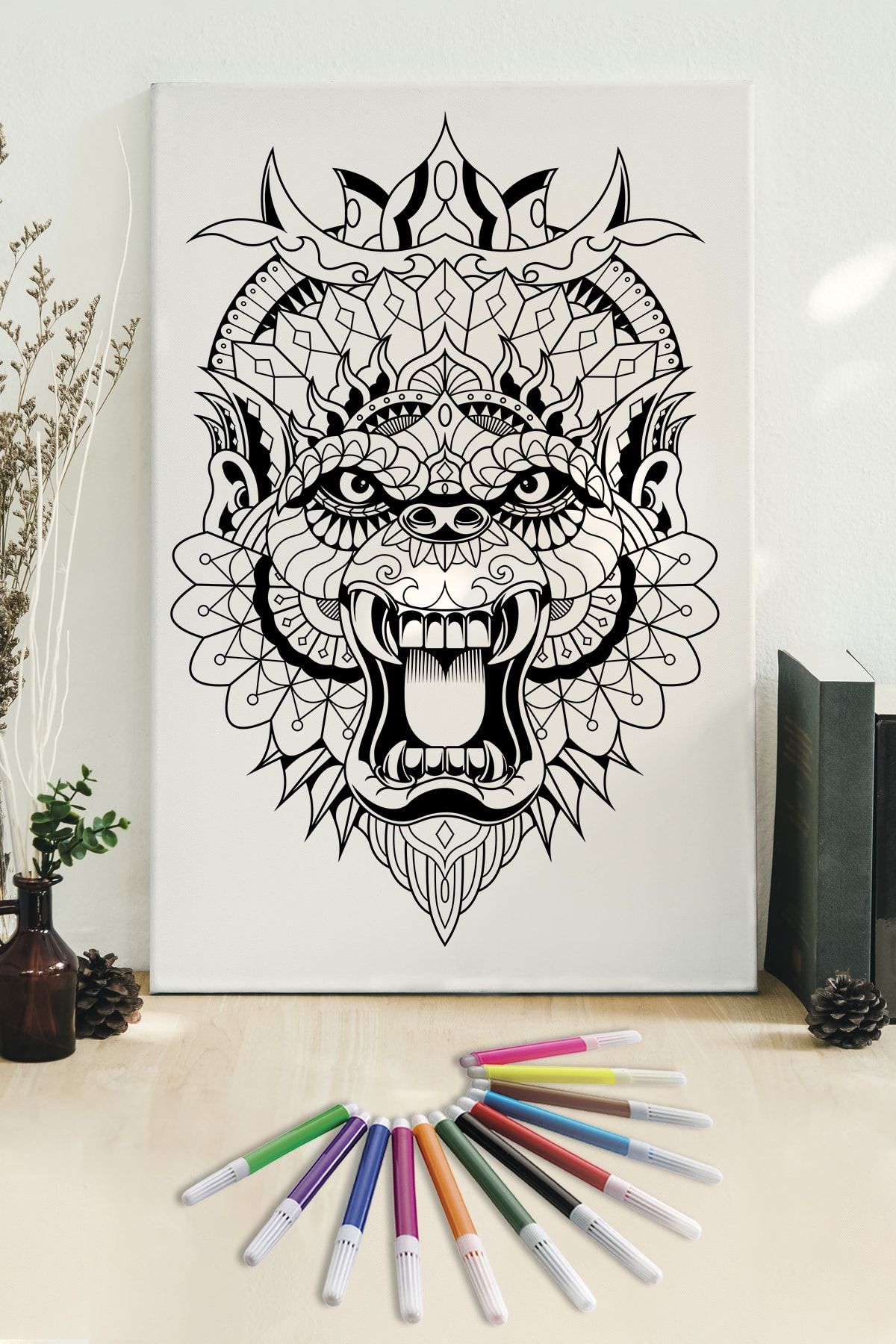 Hediyeler Kapında 50x70 Kükreyiş Boyanabilir Kanvas Mandala Tuval + 12'li Keçeli Kalem
