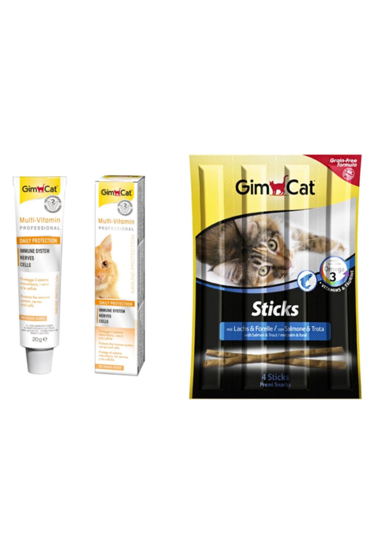 Gimcat Multi Vitamin 20 gr Paste Kedi Macunu + Sticks Somonlu Ve Alabalıklı Kedi Ödülü 1 Paket 20 gr