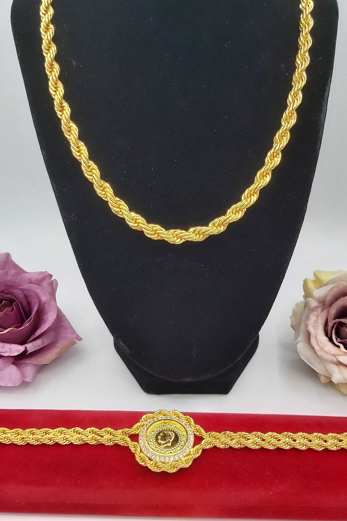 ZEYGOLD Altın Kaplama 60cm Halep Örgü Burgu Zincir ve Zirkon Taş Çeyrekli Burgu Bileklik Set