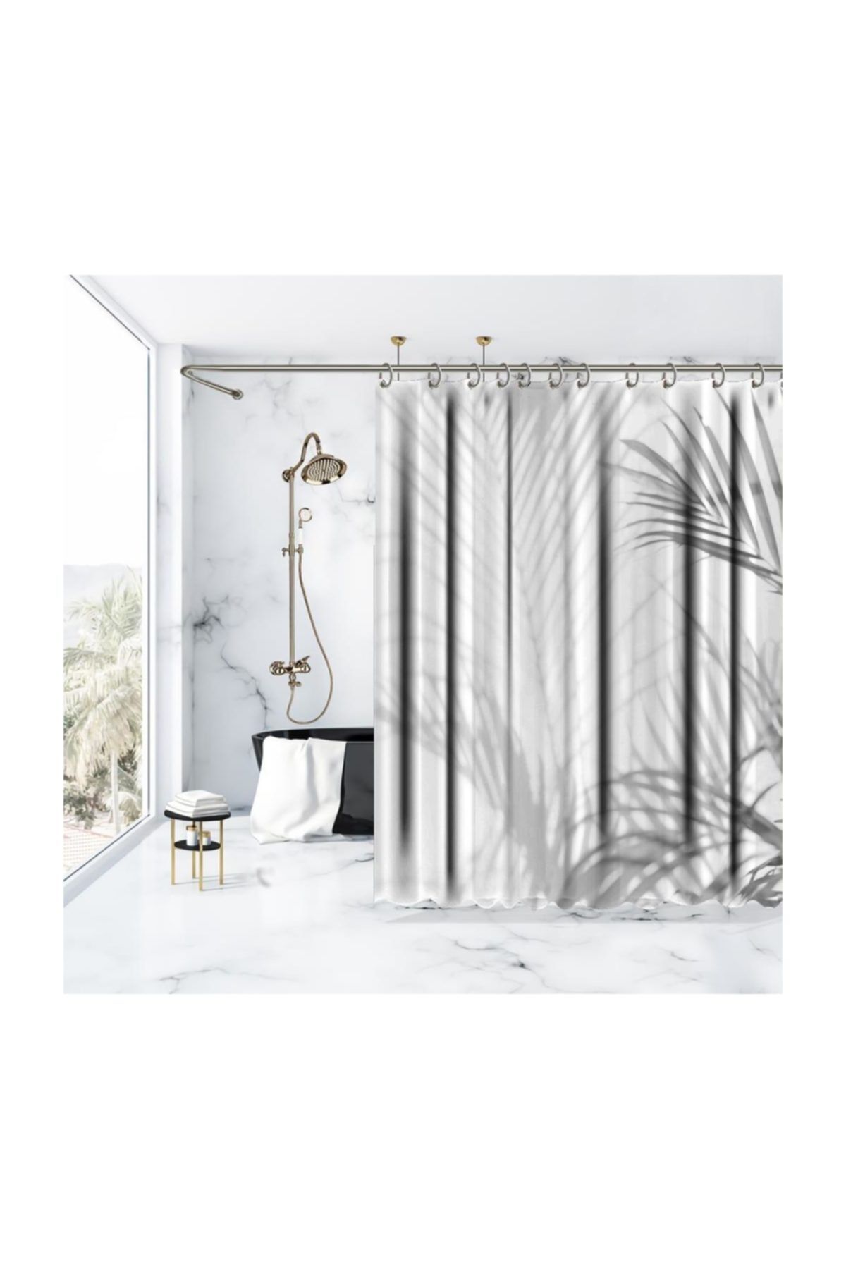 Henge Home Siyah Beyaz Hurma Yaprak Desenli Duşperdesi