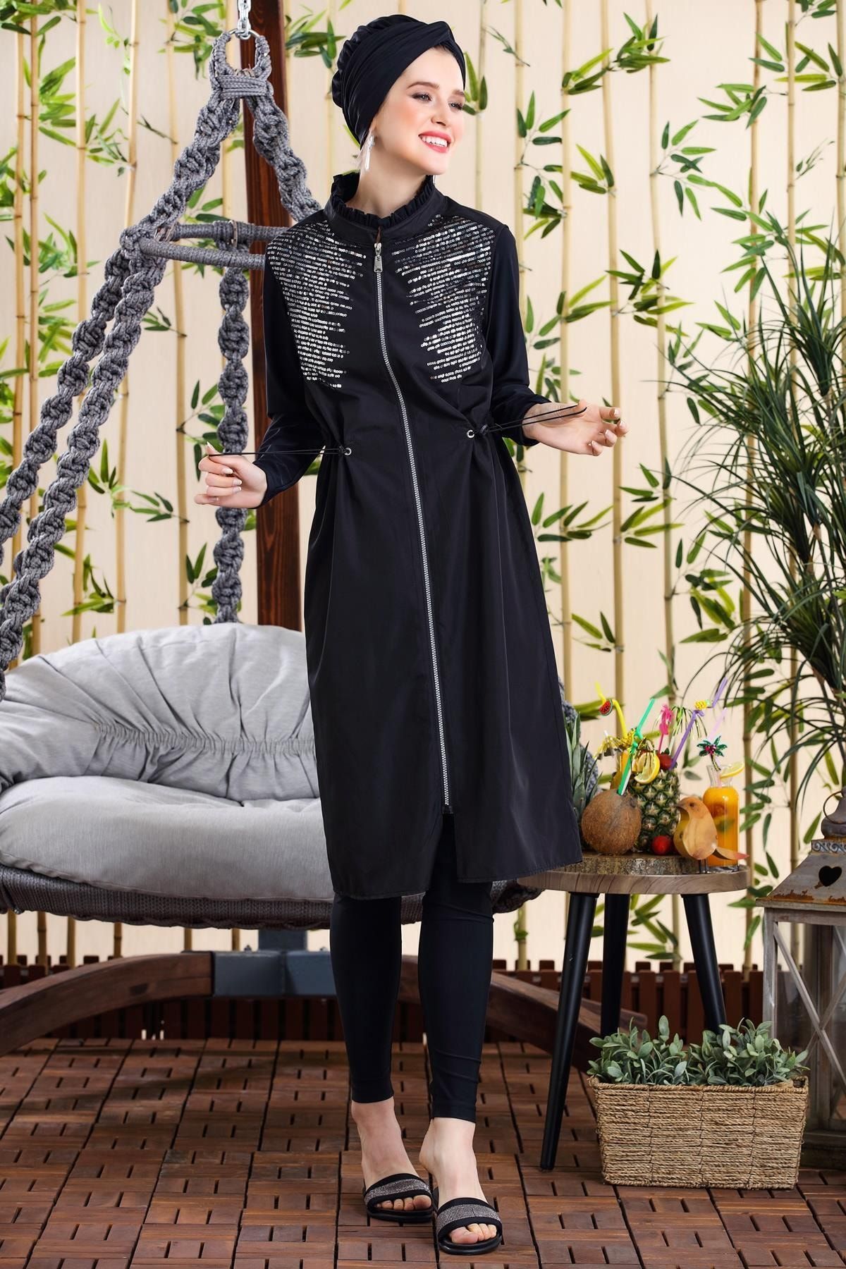Moodbasic Kadın Tesettür Siyah Payetli Fermuarli Tesettür Mayo 20Y-Sw36.72
